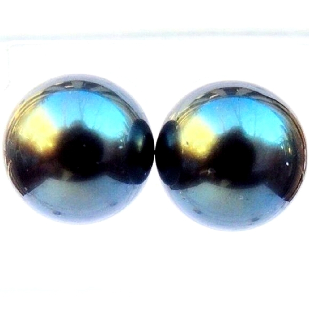 HUGE Black Tahitian Pearl 16mm 14K Yellow Gold Stud Earrings Large 12.81 Grams